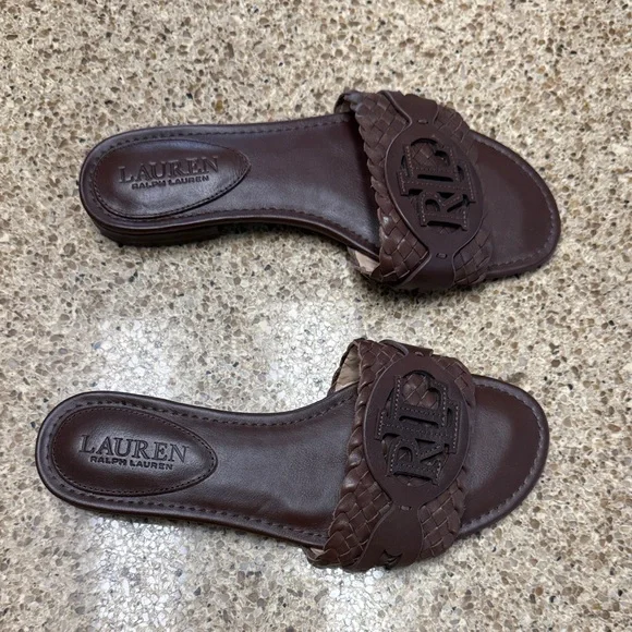 Lauren Ralph Lauren Alegra Woven Leather Brown Slide Sandals - Picture 4 of 10